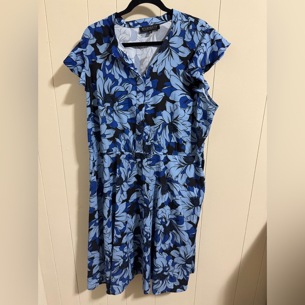 Eloquii plus size 20 2x Blue Mod Floral Midi Dress Retro print